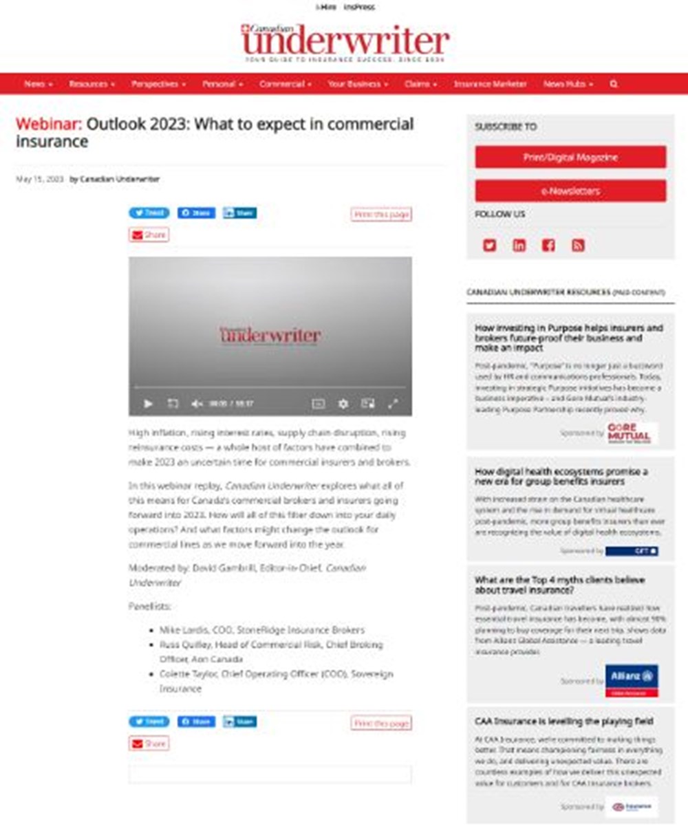 Une capture d'écran de l'article en anglais "Webinar: Outlook 2023: What to expect in commercial insurance"